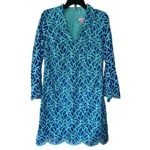 Lilly Pulitzer Devina Brewster Flora Blue Turquoise Lace V-Neck Shift Dress 8